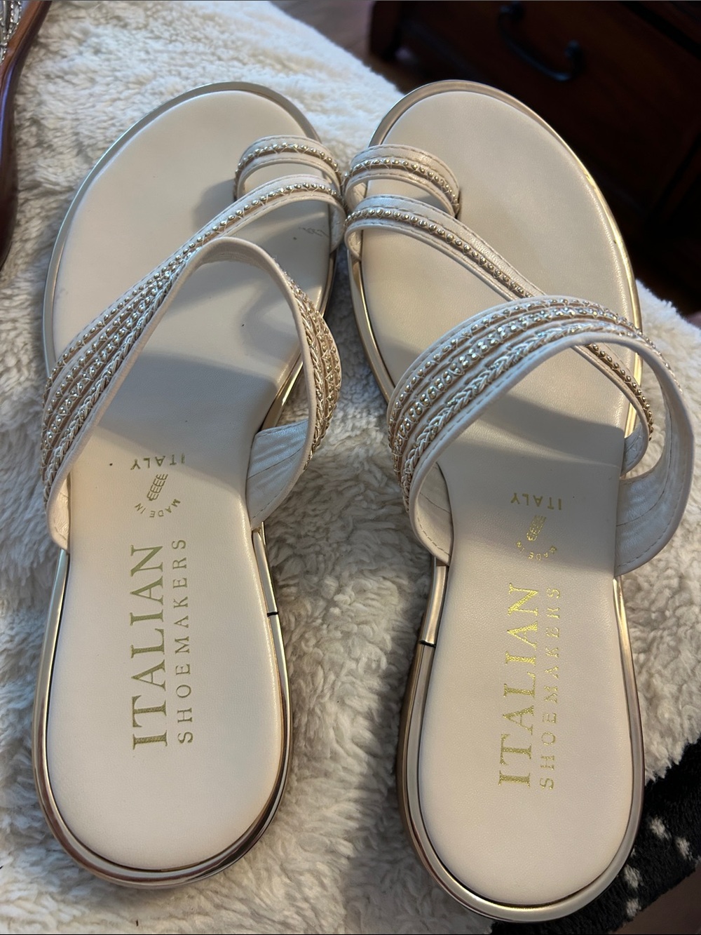 Italian Shoemakers Cream Braided Bead-Trim Slide Sandals